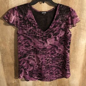 Apt. 9 Purple Black Patterned V-Neck Flutter Sleeve Top